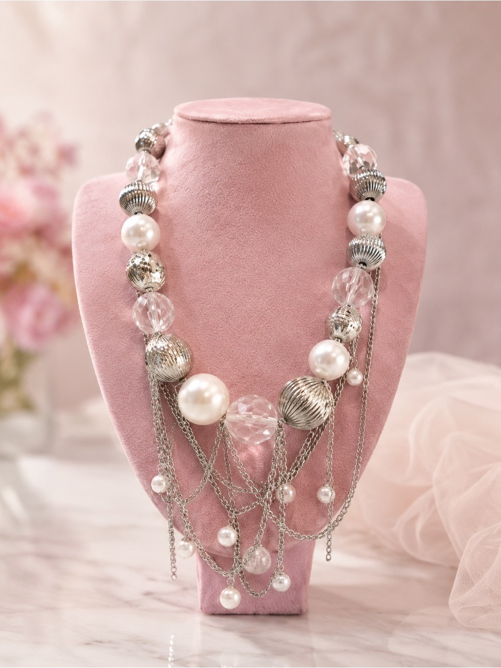 Beaded Pearl‎ & Silver Chains Drape Statement Necklace